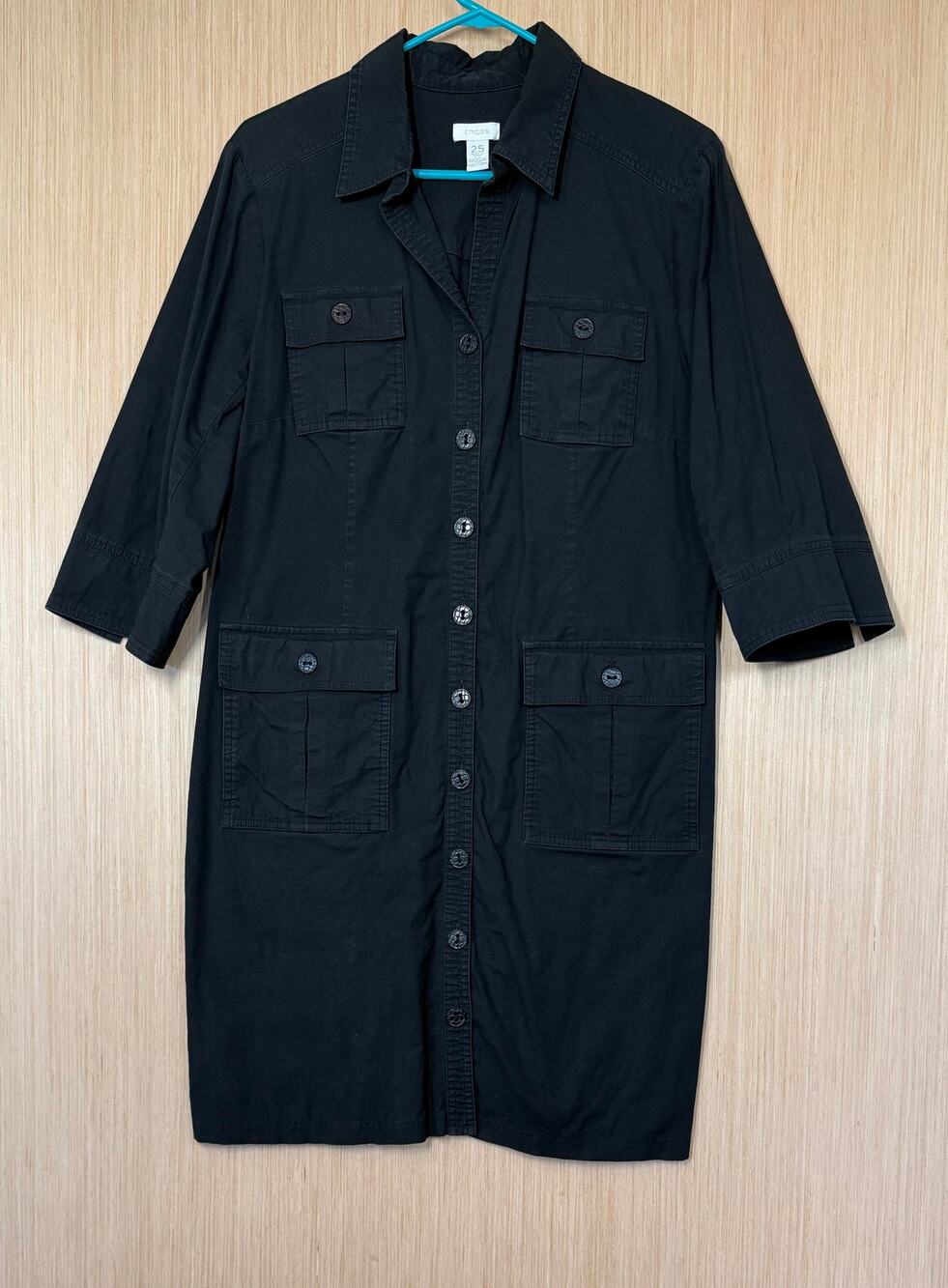 Chicos Button Front Utility Shirt Dress Size 2.5 Large 14 Black Pockets